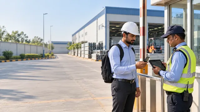 Security guard in a hi-vis vest checking in a visiting engineer in a hard hat on a tablet at a manufacturing plant gate, with the production shed and a forklift behind