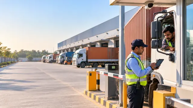 Security guard checking in a truck driver on a tablet at a warehouse loading-bay gate, with trucks docked behind