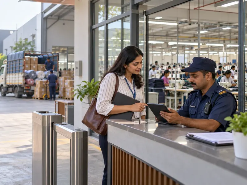 Visitor checking in with a security guard on a tablet at a garment factory reception, with sewing lines behind the glass