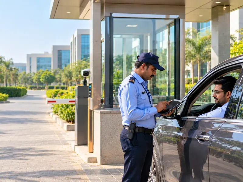 Security guard checking in a driver on a tablet at the gate of an office campus