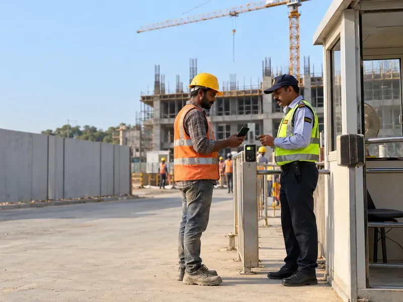 Construction worker in a hard hat and orange vest showing his phone to a security guard at a site gate cabin, with a building under construction and a tower crane behind