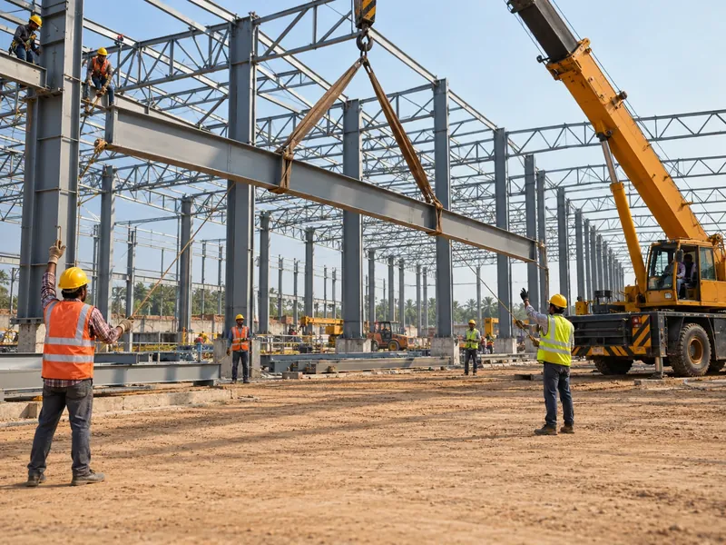 A steel-structure industrial shed under construction while a crane lifts a beam and riggers guide it