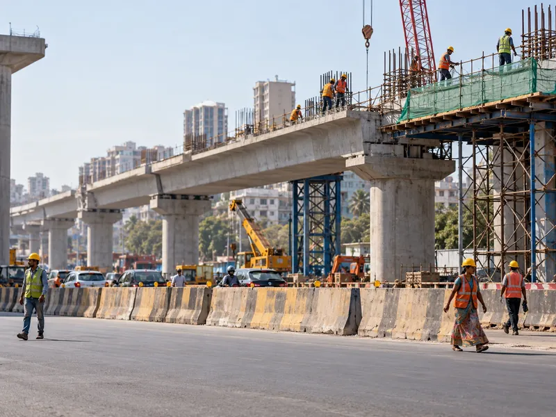 An elevated metro or flyover under construction with pillars, barricaded lanes and workers on the deck
