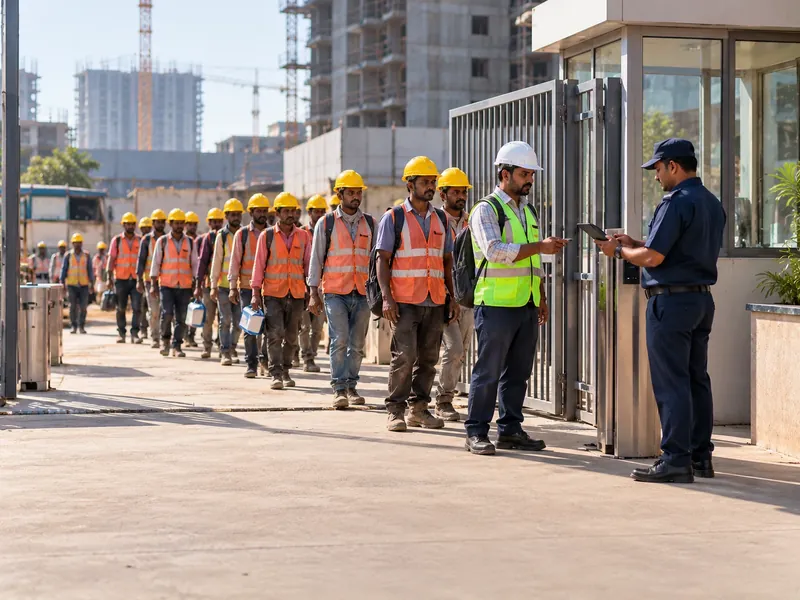 Construction labourers in helmets and reflective vests queueing at a site gate behind their supervisor while a guard holds a tablet