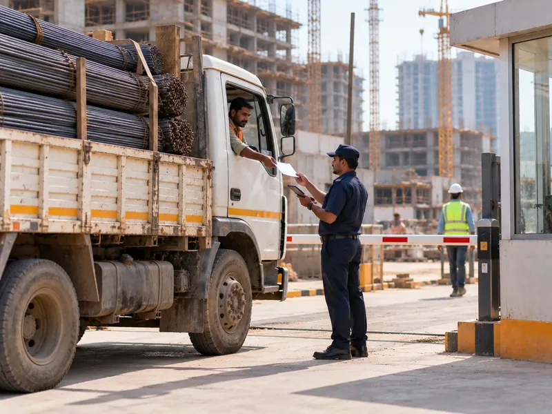 Truck loaded with steel reinforcement bars at a construction site gate while the driver hands a paper challan to a guard holding a tablet