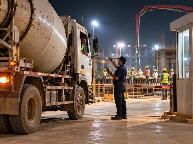 A guard with a torch and a tablet checking a transit mixer at a construction site gate during a night concrete pour