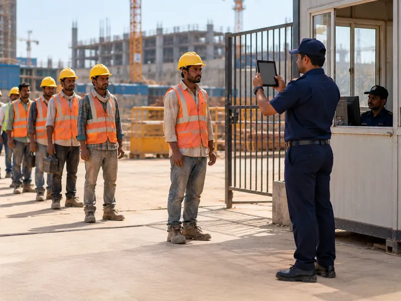 A guard photographing a construction worker with a tablet at a site gate while the next workers wait in line