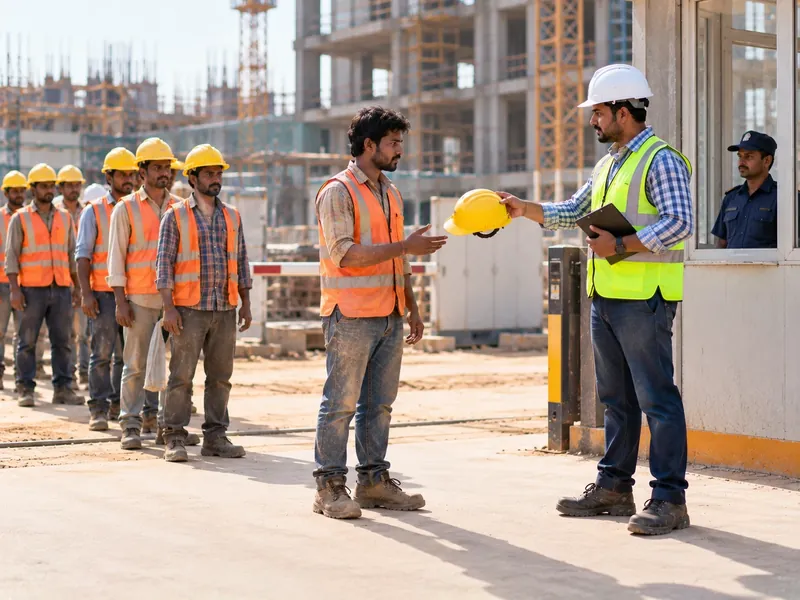 A safety officer at a construction site gate handing a helmet to a worker while other workers wait in line