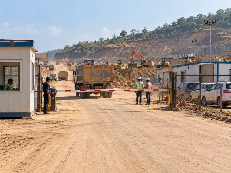 A road project site camp gate with a guard cabin and boom barrier, dumpers on a dusty access road and earthmovers behind