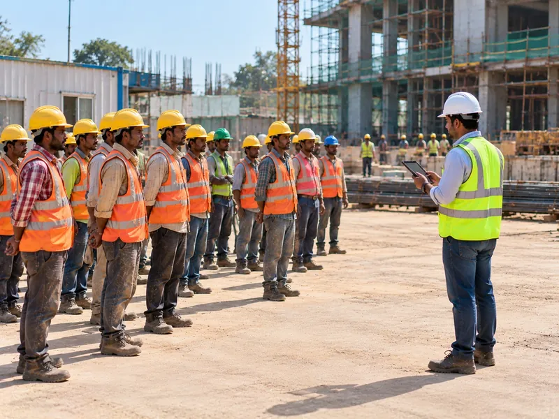 Construction workers lined up at an assembly point on site while a safety officer counts them on a tablet