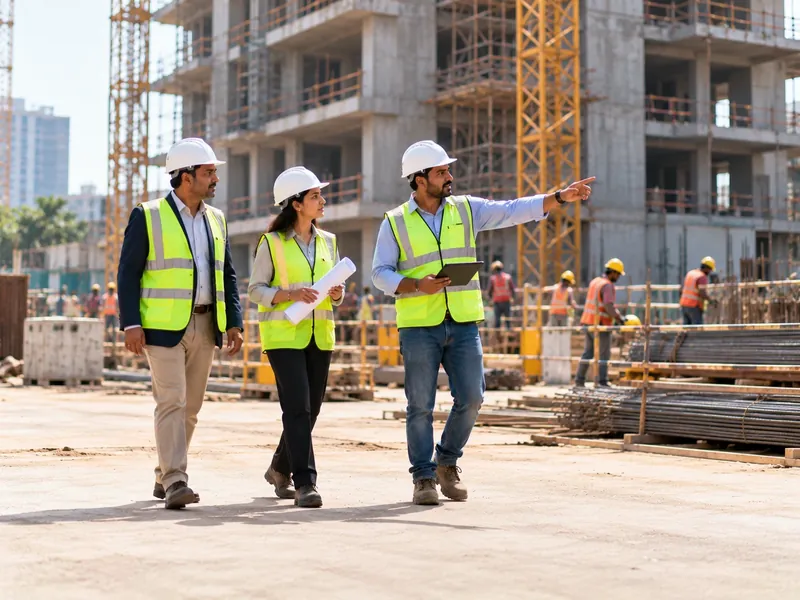 A client and an architect in white helmets and visitor vests being shown around a construction site by the project manager