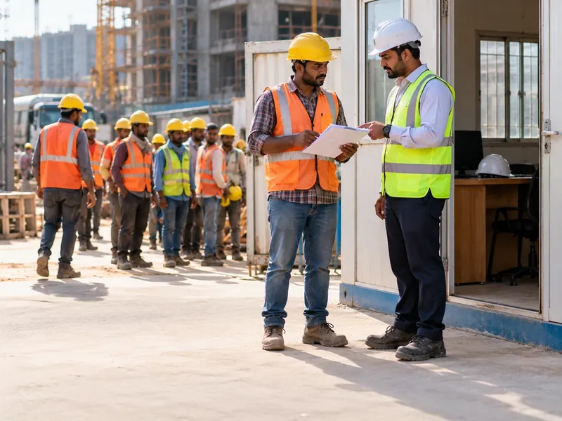 Subcontractor supervisor holding a handwritten labour list and talking to a site engineer at the site office door while workers wait