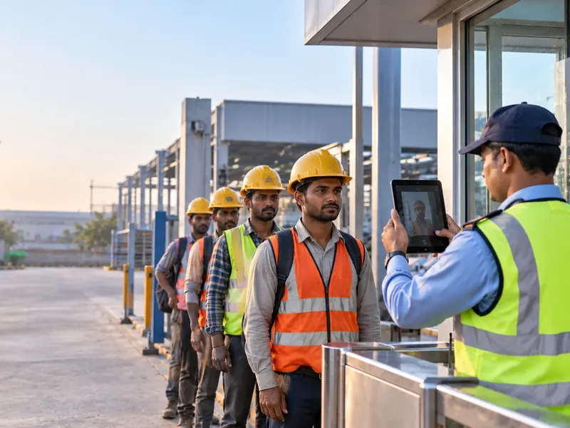 Contract workers in helmets queueing at a plant gate while a guard checks in the first worker on a tablet