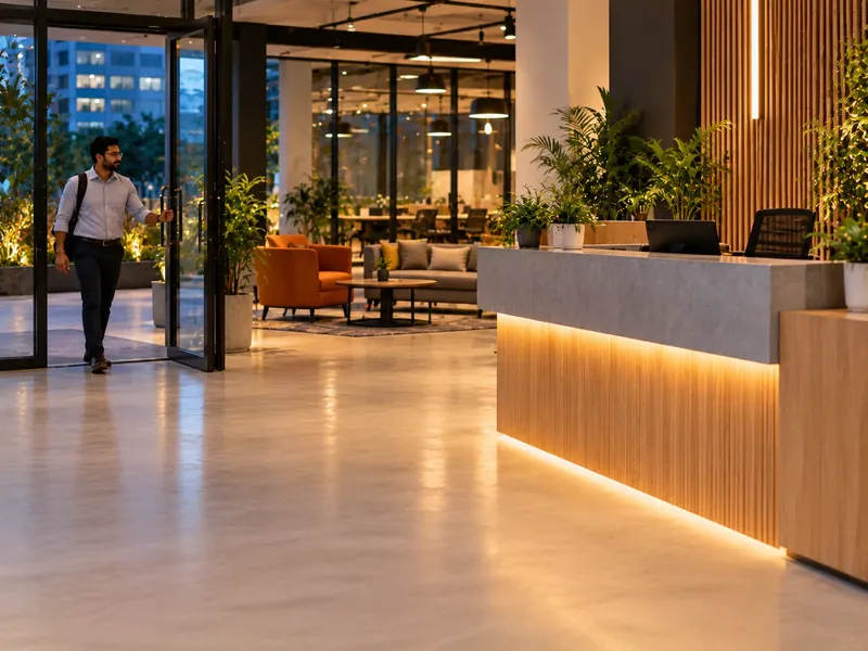 A visitor walking in through the glass entrance of a quiet coworking space in the evening with the front desk unattended