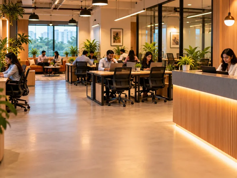 A small boutique coworking space with warm lighting, about twenty desks and a compact front desk