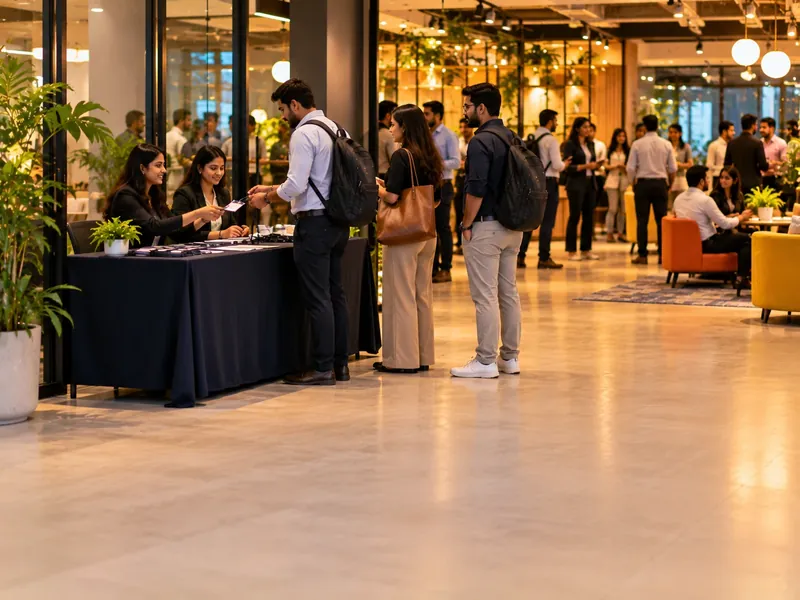 Attendees checking in at a table near the entrance of a coworking space during an evening community event