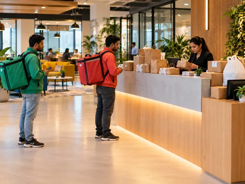 Two delivery riders waiting at a coworking front desk crowded with parcels and food bags while the receptionist sorts them