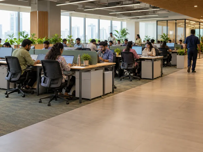 A full managed floor set up for one company's team with rows of desks and glass meeting rooms