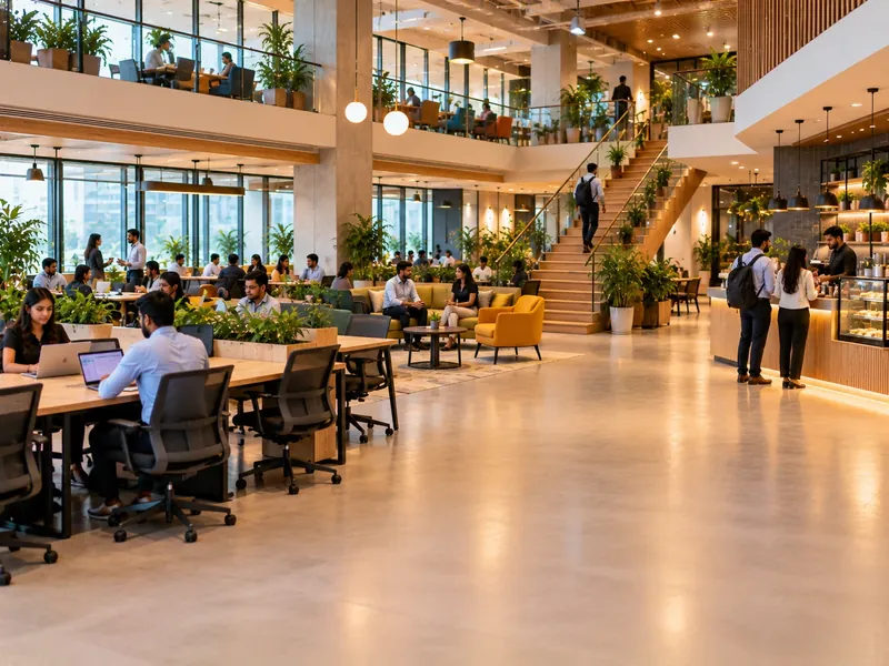 A large multi-level coworking centre with an open hot-desk area, a staircase and a café counter