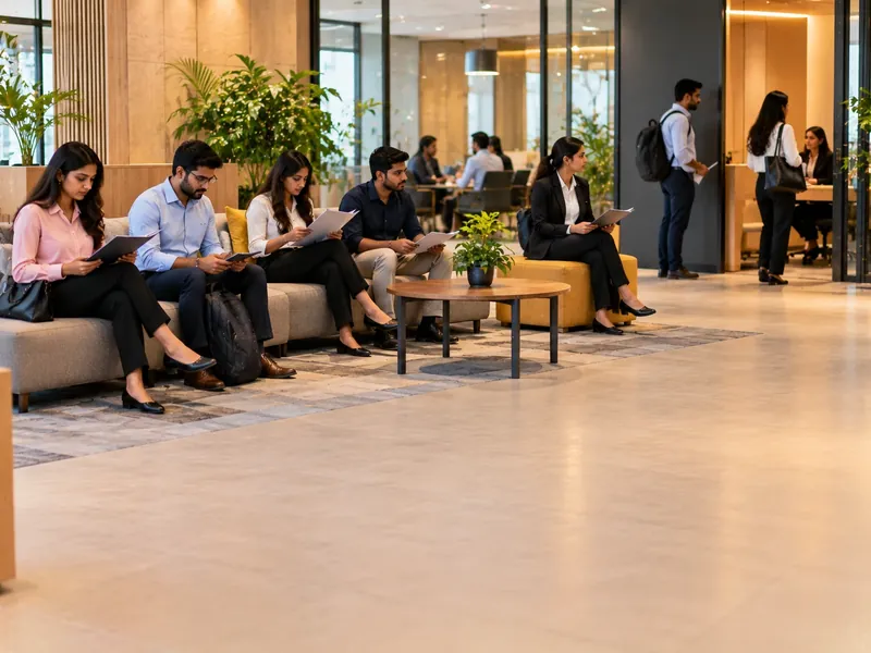 Interview candidates waiting with folders on a sofa in a coworking lounge