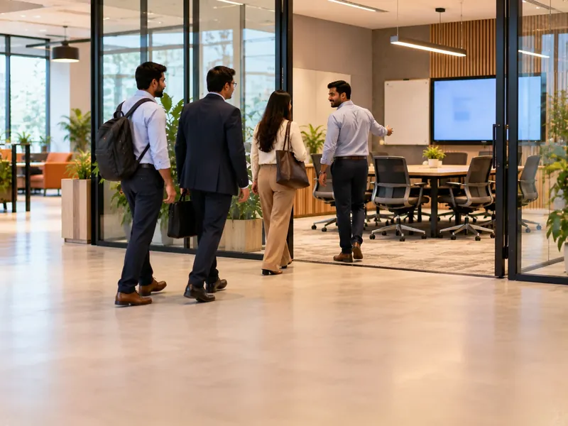 A member leading three client visitors into a glass-walled meeting room with a screen and whiteboard