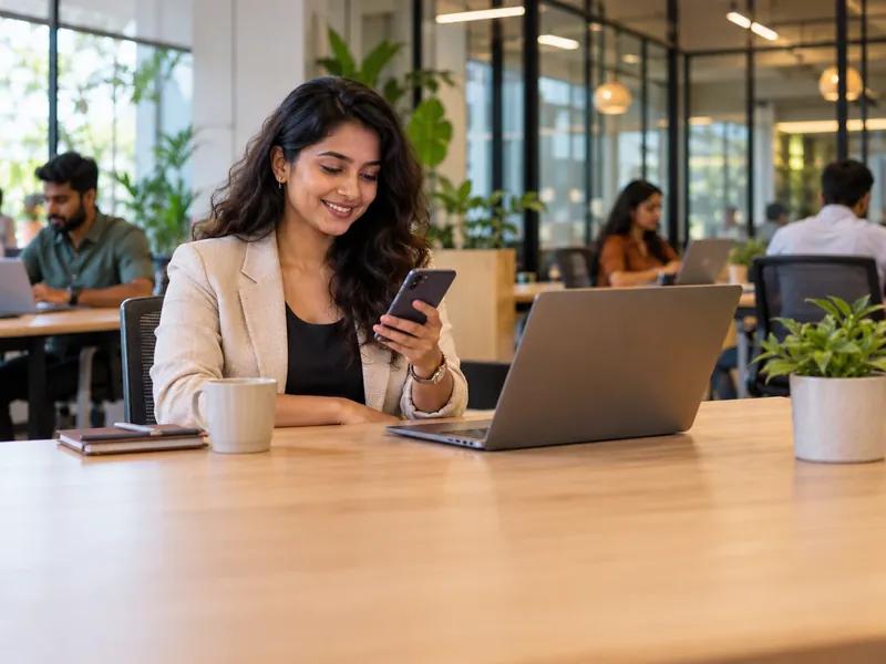 A member at a hot desk with a laptop smiling at a notification on her phone