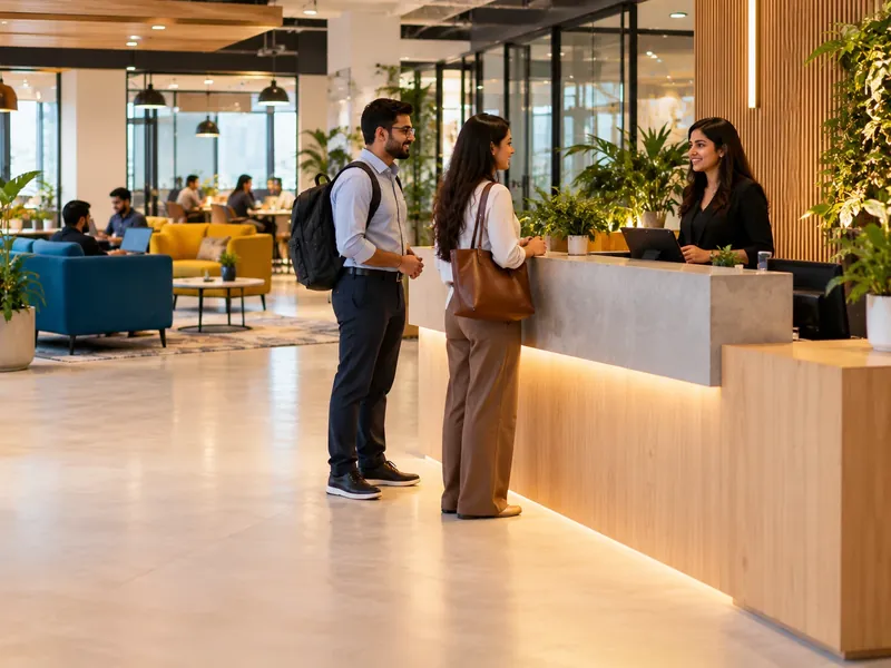 Two guests at the bright front desk of a coworking space while a community manager greets them, with members working in the lounge behind