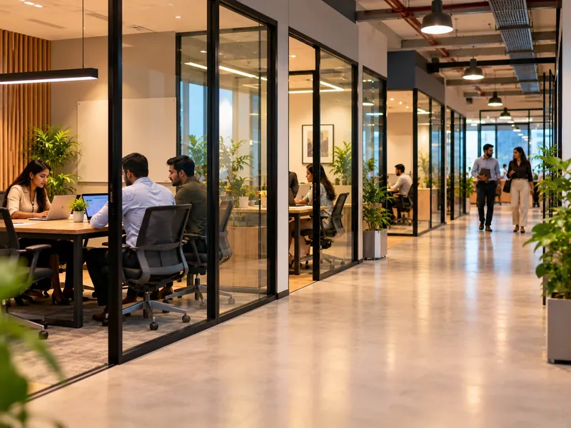 A corridor of glass-fronted private cabins in a managed office with small teams working inside