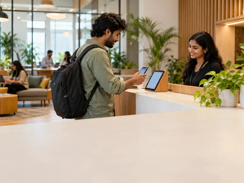 A guest holding his phone at a tablet stand on a coworking front desk while the receptionist smiles