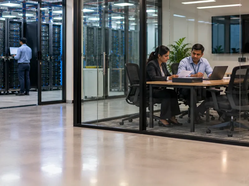 An auditor reviewing papers with a data centre manager on a laptop in a glass meeting room, with server racks visible outside