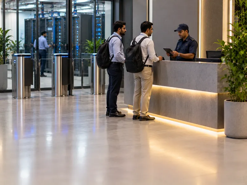 Two client engineers with backpacks being checked in by a guard with a tablet at a data centre reception, with server racks behind glass