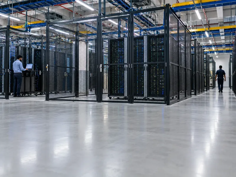 A colocation hall with rows of caged server racks and an engineer working at one cage