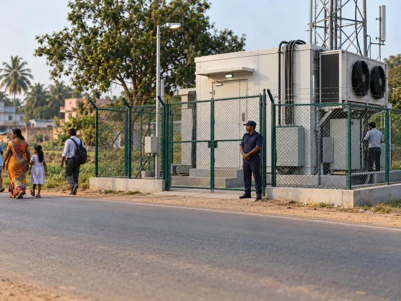 A small fenced edge data centre or telecom shelter by a road with a guard at the gate and an engineer inside the fence