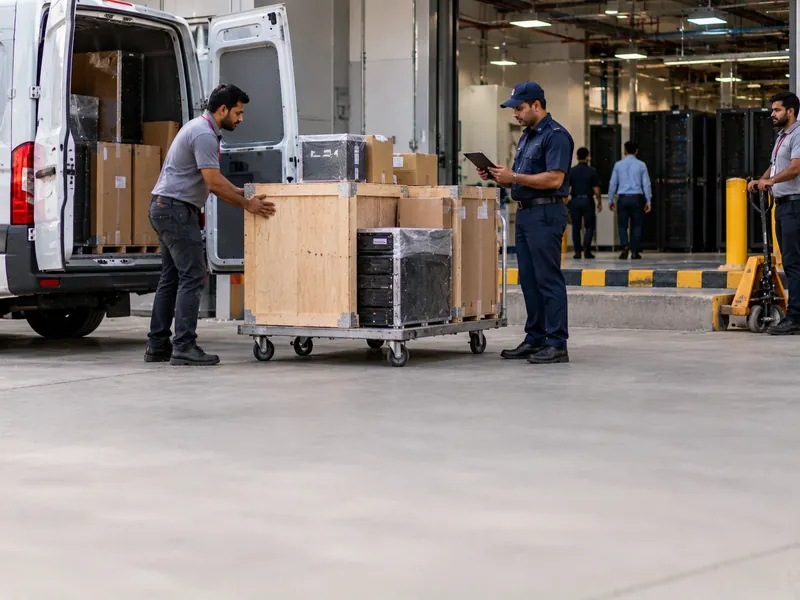 A guard with a tablet inspecting wooden crates and server boxes on a trolley beside a delivery van at a data centre loading dock