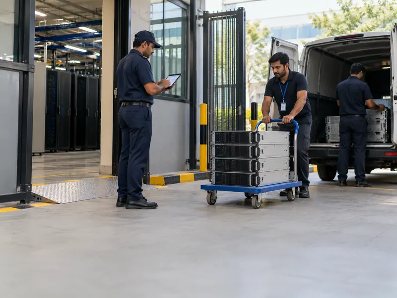 A technician pushing a trolley stacked with servers towards a van while a guard checks a pass on a tablet at the exit