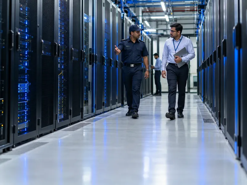 A security guard escorting a visiting engineer down an aisle between rows of server racks lit with blue lights