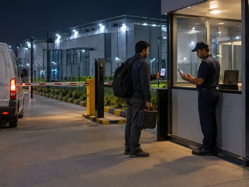 A technician with a tool case showing a QR code on his phone to a guard at a data centre gate cabin at night