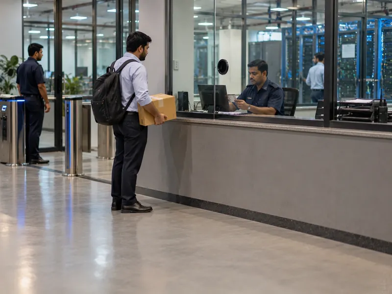 An OEM engineer with a laptop backpack and a boxed spare part waiting at a data centre security counter behind glass while a guard checks his ID