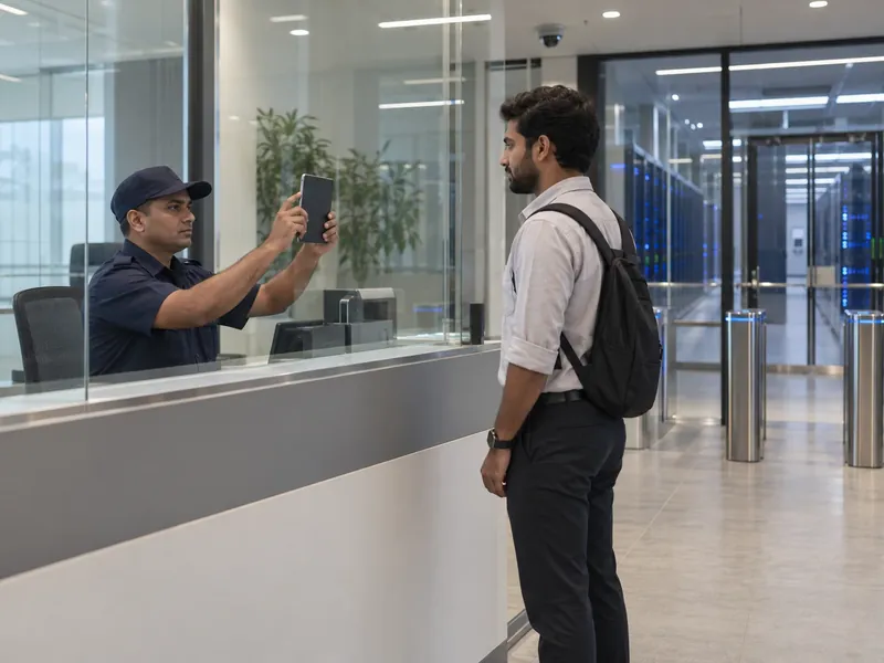 A guard photographing a visitor with a tablet at a data centre security desk behind glass, with server racks beyond the barrier