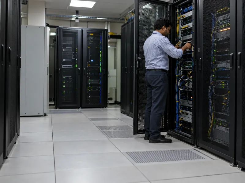 An IT staff member working at an open rack in a company's in-house server room with a raised floor
