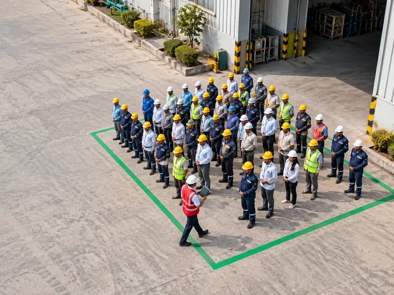 Aerial view of workers standing in rows at a painted assembly point while a fire warden walks the front row with a tablet