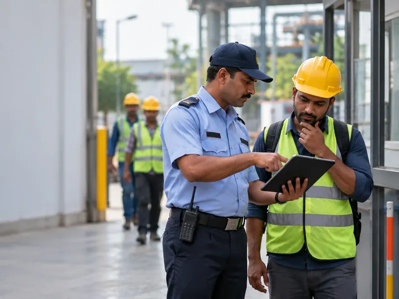 Security guard showing a contract worker in a hard hat a message on a tablet at a plant gate