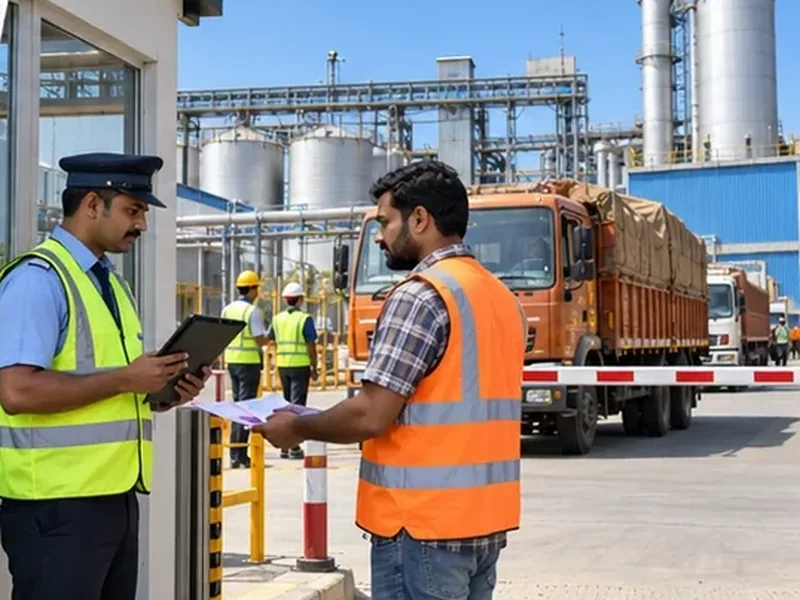 Security guard with a tablet taking papers from a worker in an orange vest at a plant gate, with a loaded truck and storage tanks behind