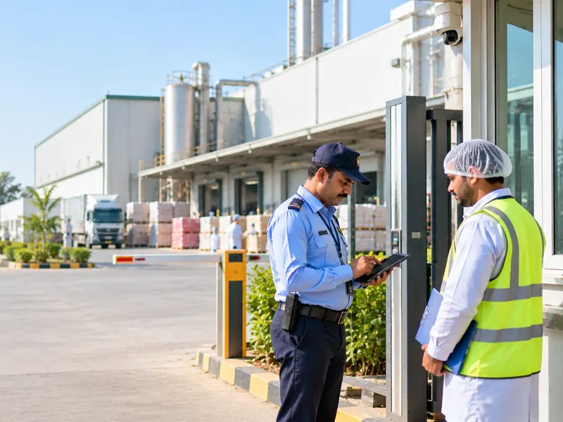 Security guard entering details on a tablet while a worker in a hairnet and safety vest waits at a plant gate