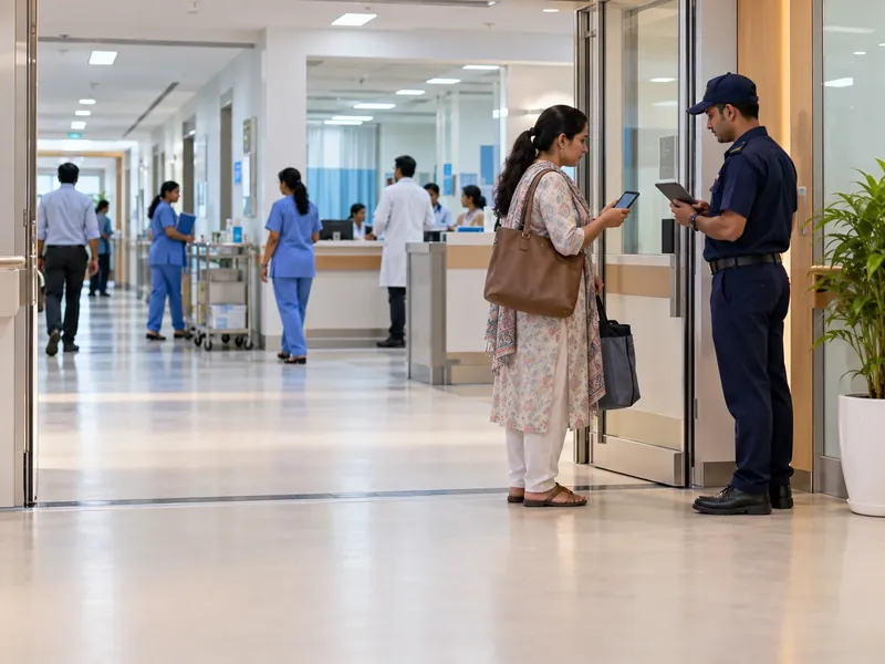 A patient's attendant showing her phone to a guard with a tablet at a ward corridor entrance