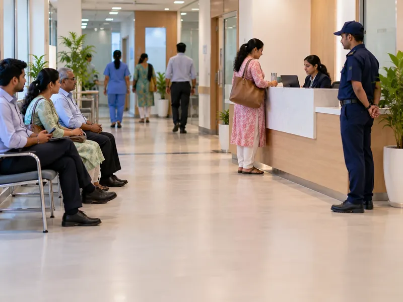 A clinic reception with people waiting on chairs while a receptionist helps a visitor and a guard stands by