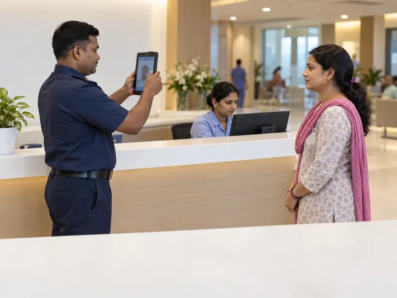 A guard taking a visitor's photo on a tablet at a hospital visitor desk