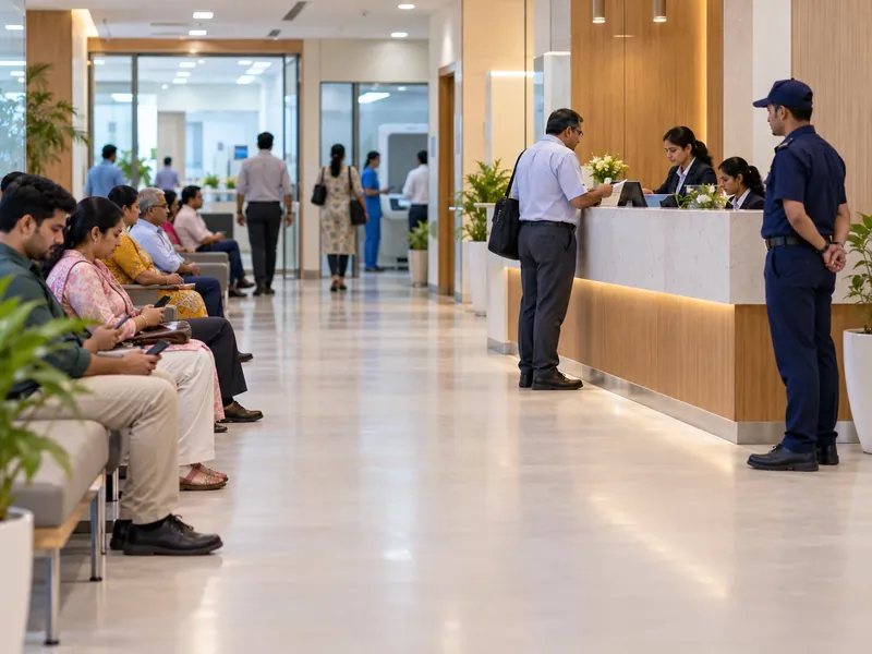A diagnostic centre lobby with a registration counter and people waiting while a guard stands nearby