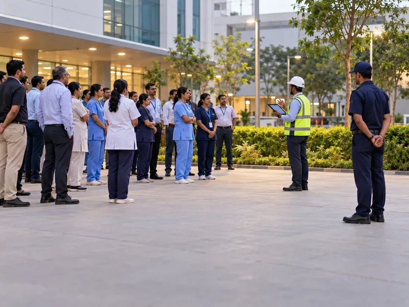 Hospital staff in scrubs and visitors gathered at an outdoor assembly point during a drill while a warden holds a tablet