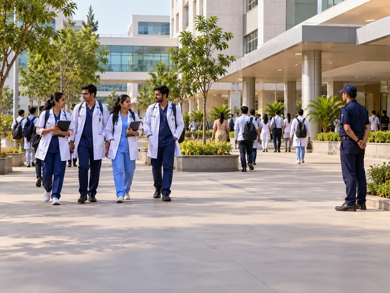Medical students in white coats walking across a medical college hospital campus while a guard watches